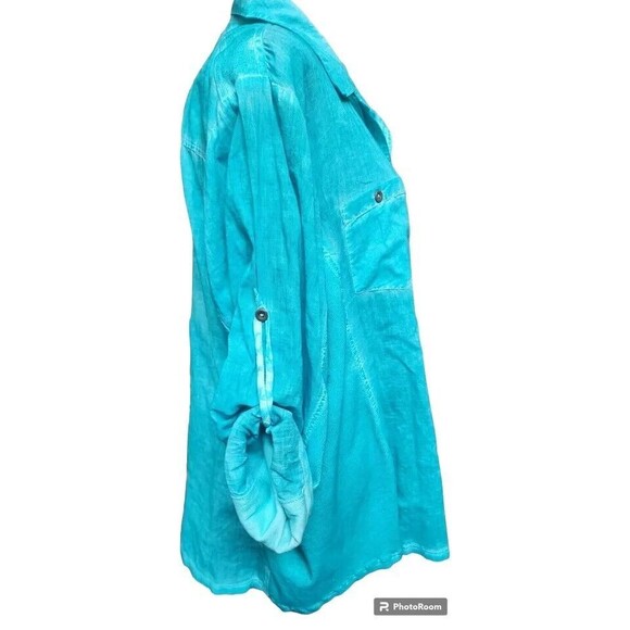 Keren Hart Blouse Size 2X NEW Distressed Finish Blue Button Front Tab Sleeves - Picture 3 of 10